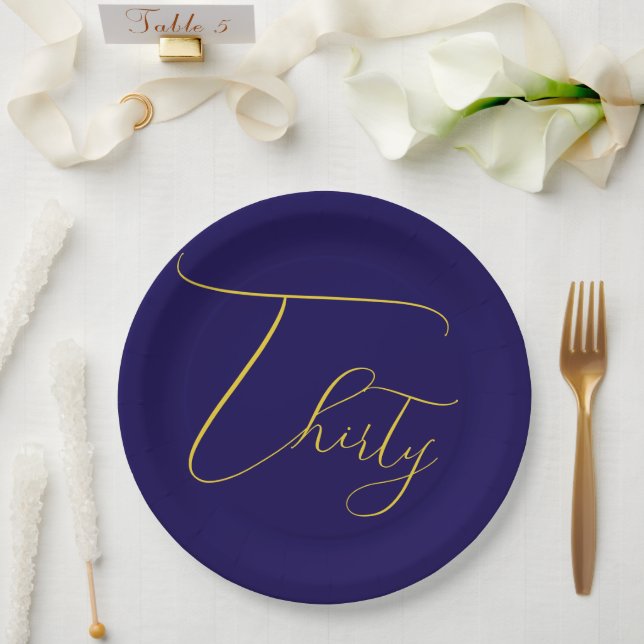 Prato De Papel Navy Blue & Faux Gold Foil 30th Birthday  (Casamento)