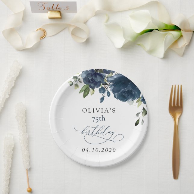 Prato De Papel Navy Blue Flowers, Greenery, Boho, Birthday (Casamento)