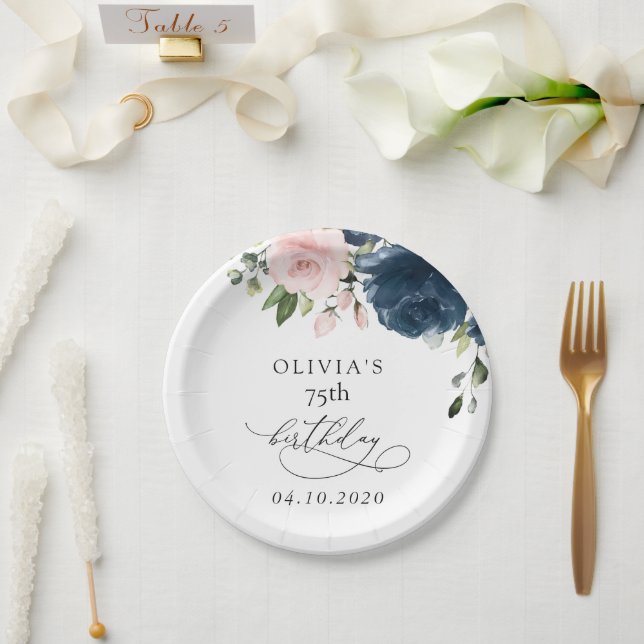 Prato De Papel Navy Blue Flowers, Pink Flowers, Boho, Birthday (Casamento)