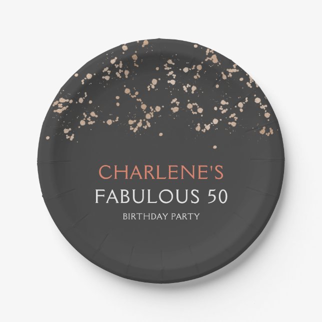 Prato De Papel Negra e Dourada Girly Fabulosa 50 Aniversário (Frente)