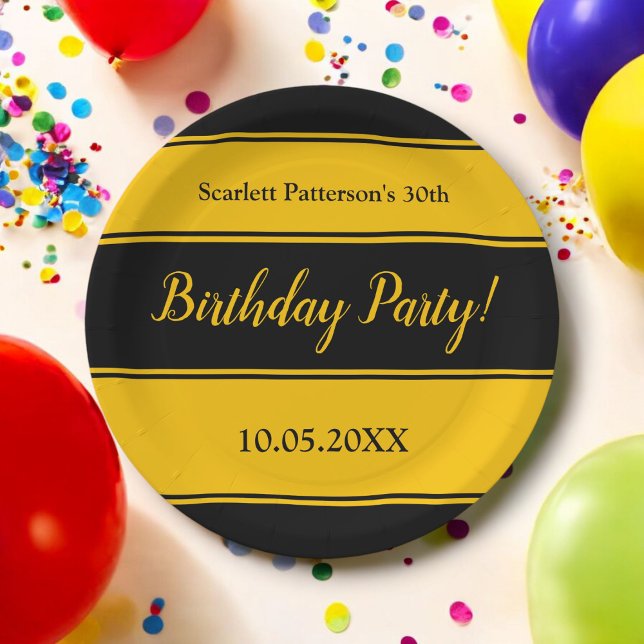 Prato De Papel Negra Elegante E Dourada Strips Moderno Aniversári (Criador carregado)