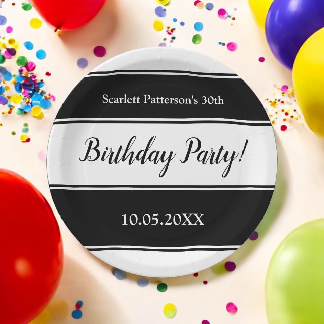 Prato De Papel Negra Moderna e White Strips Elegante Aniversário (Criador carregado)