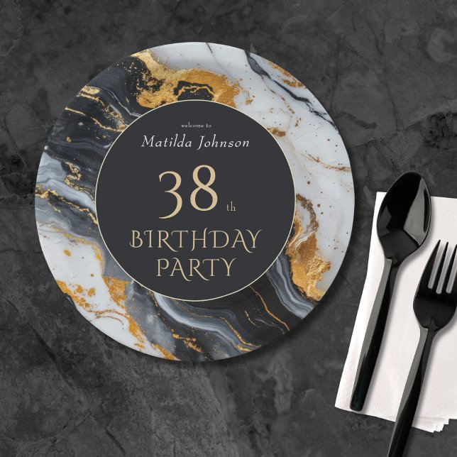 Prato De Papel Negro e Dourado qualquer aniversário (Black and Gold Any Age Birthday Paper Plates)