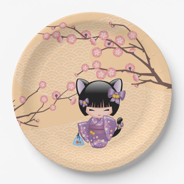 Prato De Papel Neko Kokeshi Doll - Cat Ears Geisha Girl (Frente)