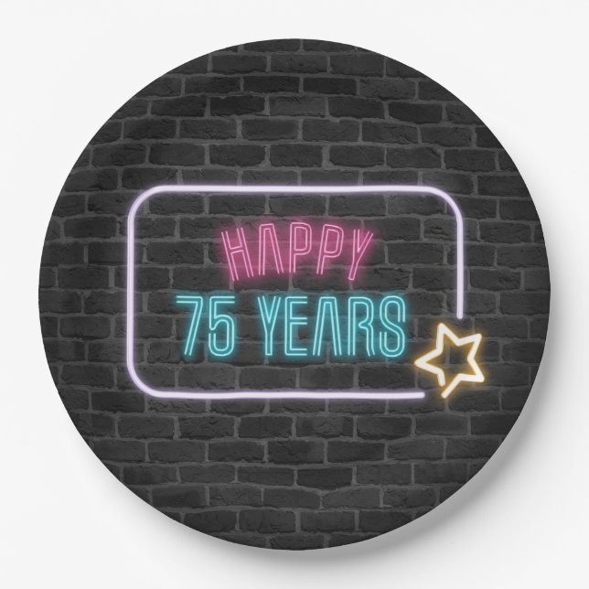 Prato De Papel Neon 75th Birthday Marquee On Brick Wall (Frente)