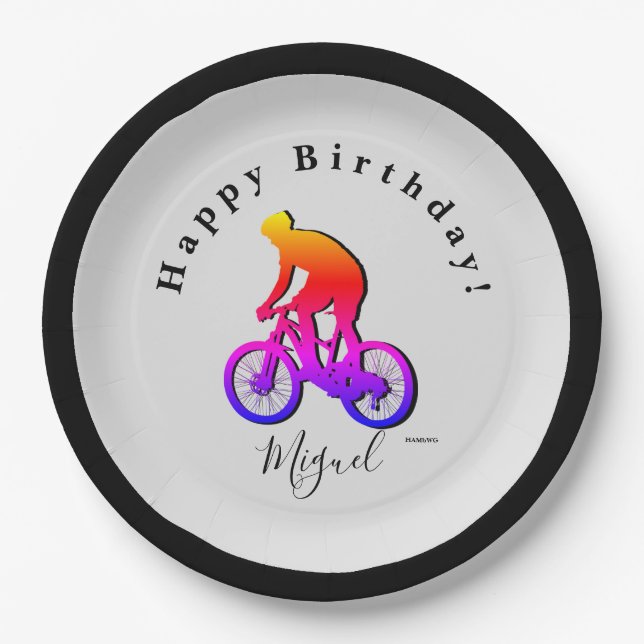 Prato De Papel Neon Bicycle Rider Happy Birday Plate (Frente)