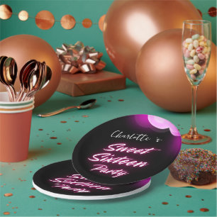 Prato De Papel Néon Elegante Retro Preto Cor-de-Rosa Doce 16.º An