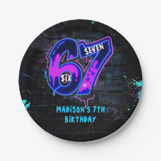 Prato De Papel Neon Graffiti Six Seven 7th Birthday Paper Plate