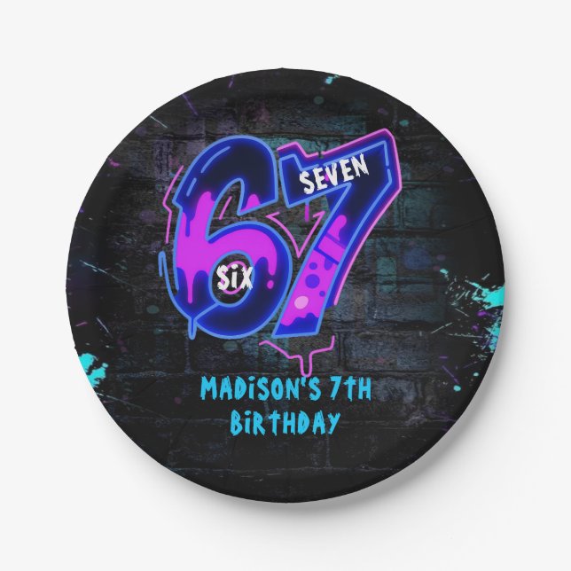 Prato De Papel Neon Graffiti Six Seven 7th Birthday Paper Plate (Frente)