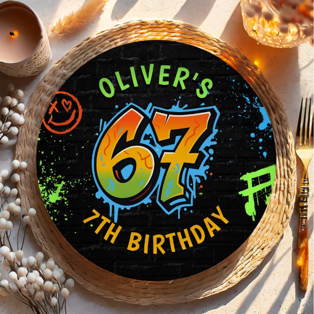 Prato De Papel Neon Graffiti Six Seven Kids 7th Birthday Party (Criador carregado)