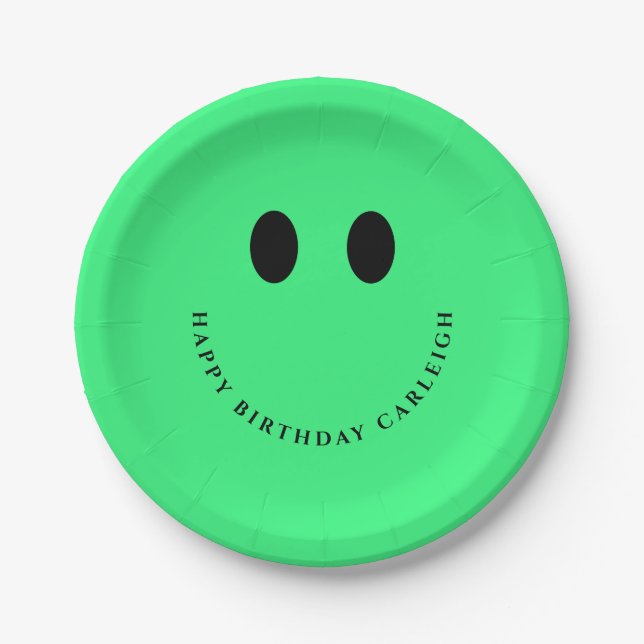 Prato De Papel Neon Green Happy Face Personalizada  (Frente)