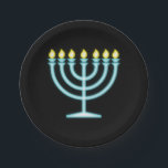Prato De Papel Neon Menorah<br><div class="desc">Menorah azul no estilo de sinal de neon.</div>