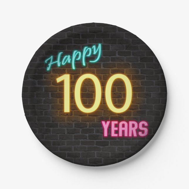 Prato De Papel Neon número 100 na parede do tijolo (Frente)