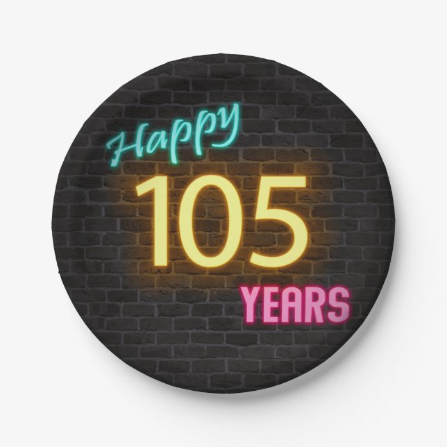 Prato De Papel Neon número 105 na parede do tijolo (Frente)