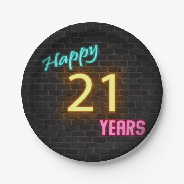 Prato De Papel Neon número 21 na parede do tijolo (Frente)