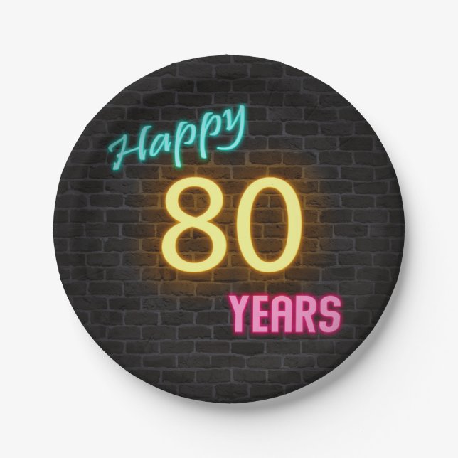 Prato De Papel Neon número 80 na parede do tijolo (Frente)