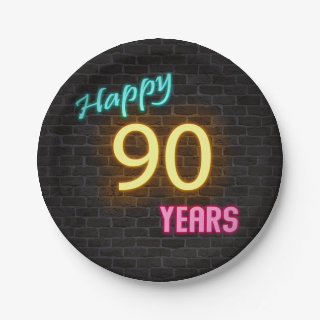 Prato De Papel Neon número 90 na parede do tijolo (Frente)