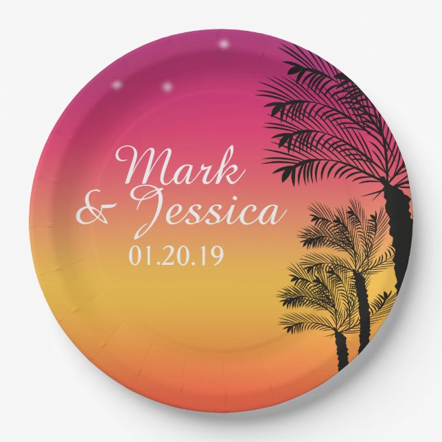 Prato De Papel Neon Pink Ombre Tropical Tree Sunset Beach (Frente)