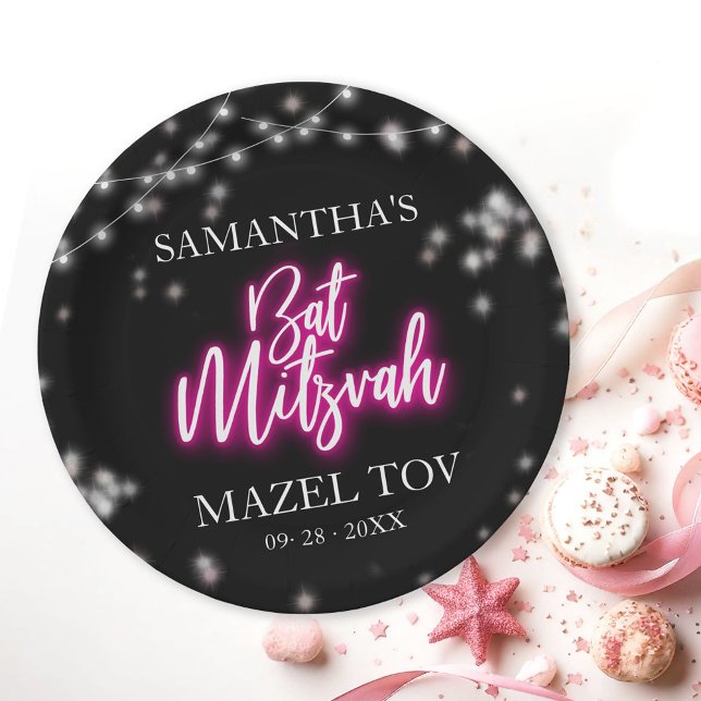 Prato De Papel Neon-Themed Bat Mitzvah, Rosa-Quente (Criador carregado)