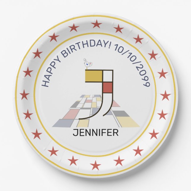 Prato De Papel Neoplasticismo Arte Monograma Elegante. Letra J (Frente)