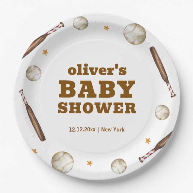 Prato De Papel Neutral Batter Up Baseball Sport Boy Baby Shower  (Frente)