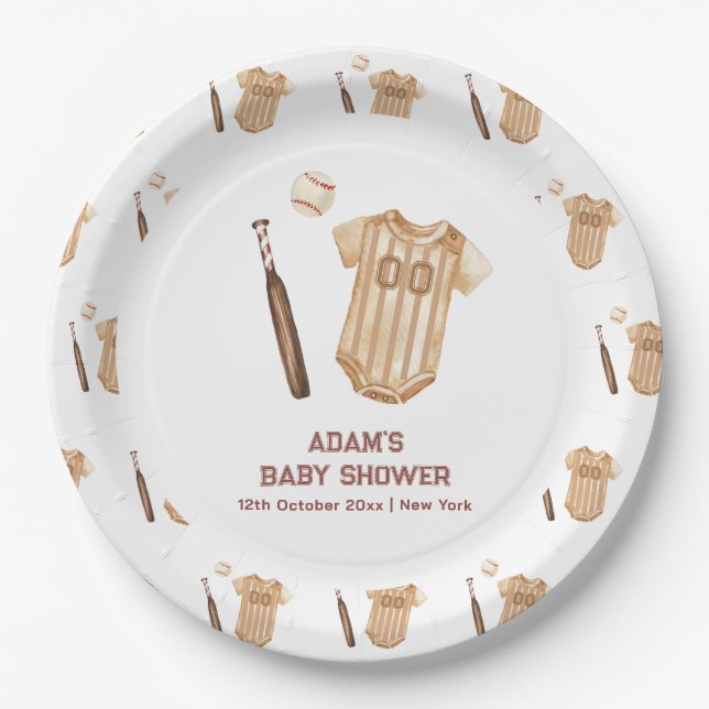 Prato De Papel Neutral Boho Little Slugger Baseball Baby Shower  (Frente)