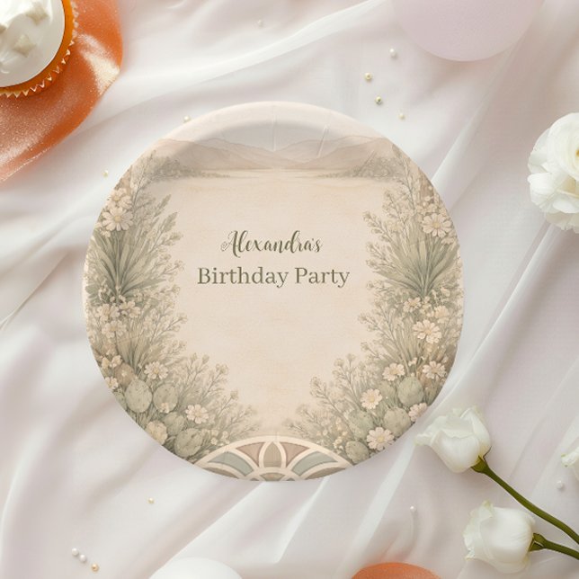Prato De Papel Neutral Desert Floral Birthday (Criador carregado)