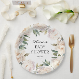 Prato De Papel Neutral Peony Wreath Garden Baby Shower