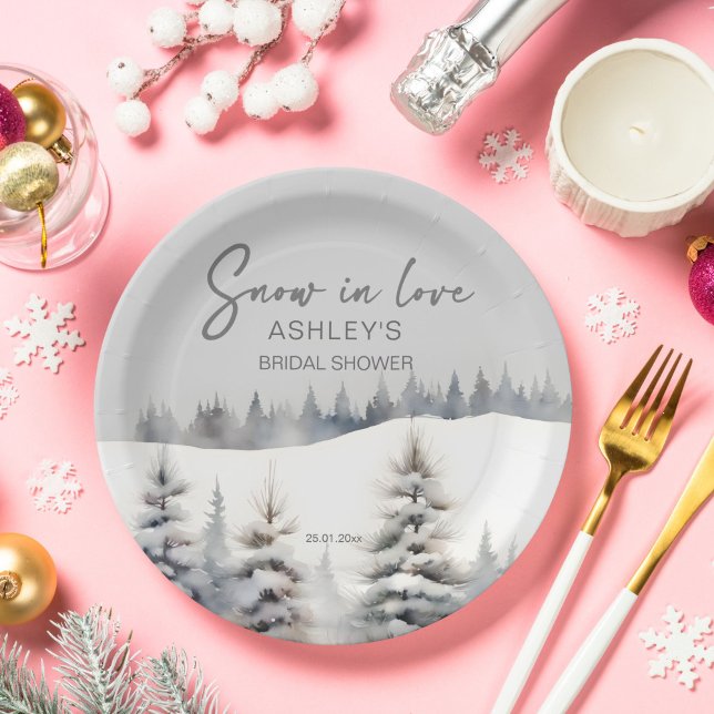 Prato De Papel Neve apaixonada pelo chá de panela da floresta de  (Snow in love winter pine forest bridal shower template paper plates personalized tableware )