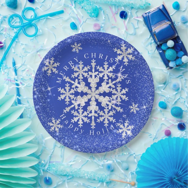 Prato De Papel Neve Flakes Azul Branco (Festa)