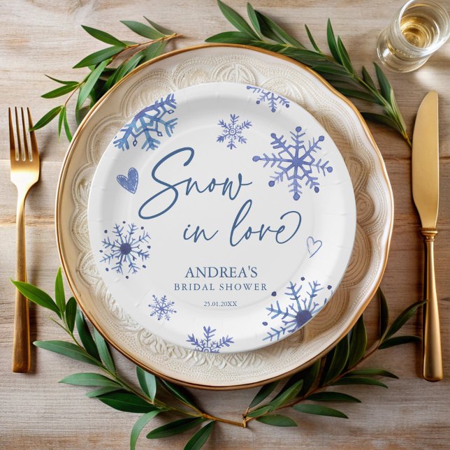 Prato De Papel Neve no amor flocos de neve noivado de inverno (Snow in love snowflakes winter bridal shower monogrammed printed paper plates personalized decor)