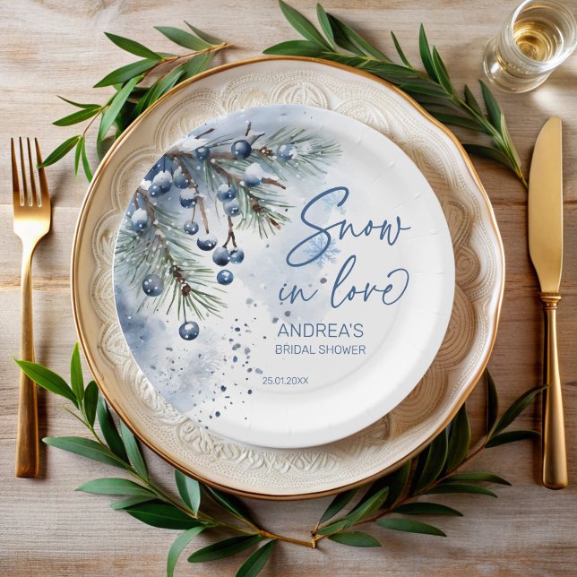 Prato De Papel Neve no amor monograma para chá de noiva de invern (Snow in love winter bridal shower personalized  monogrammed paper plates customized party tableware)