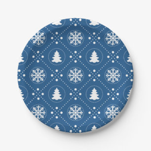 Prato De Papel Neves Branca Flocos de Natal Design Azul