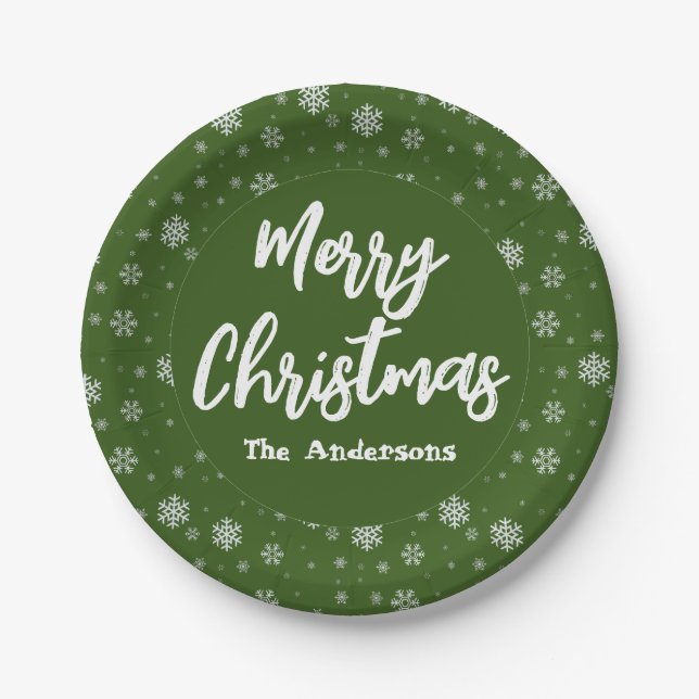 Prato De Papel Neves Verde Flocos Simples Elegantes Feliz Natal (Frente)