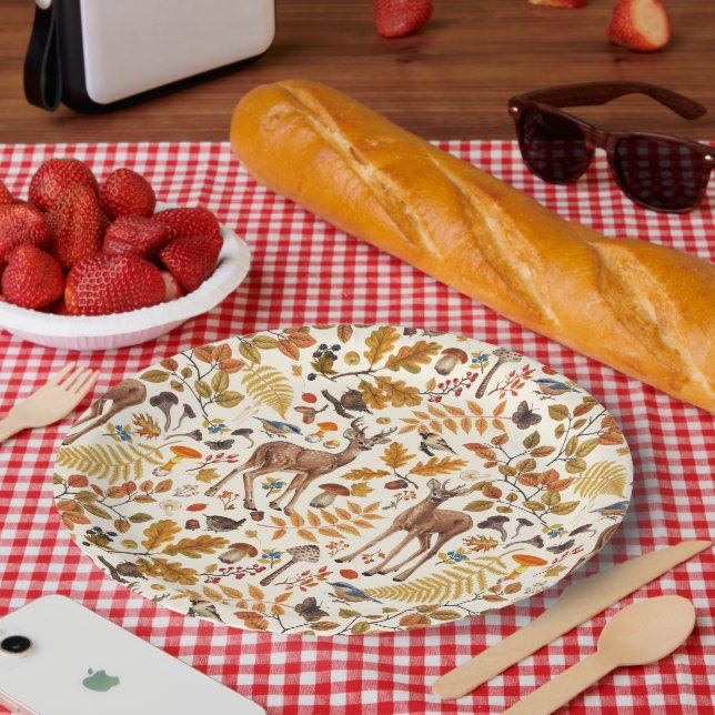 Prato De Papel No bosque/cervo de outono em branco (Piquenique)