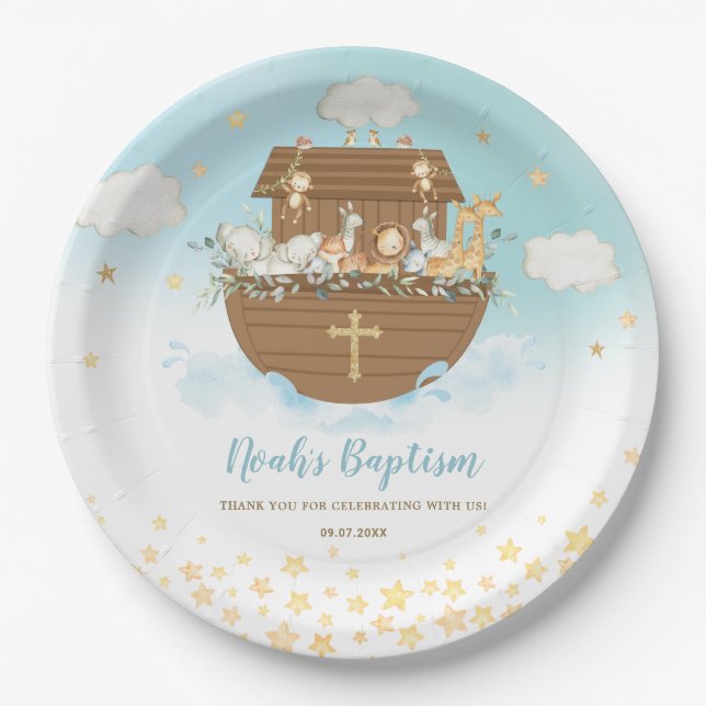 Prato De Papel Noah's Ark Cute Animal Boy Baptism Christening (Frente)