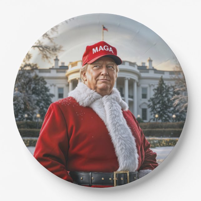 Prato De Papel Noel Claus Trump Com Chapéu Vermelho MAGA (Frente)