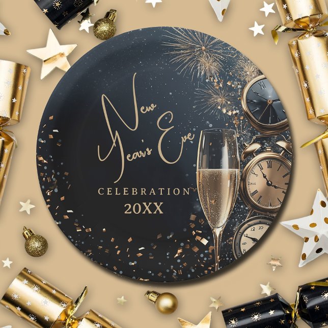 Prato De Papel Noite de Ano Novo Chic Champagne (Chic Champagne and Clocks New Year's Eve paper plates, 7" or 9")