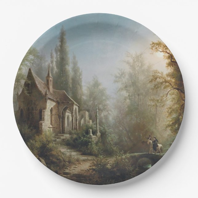 Prato De Papel Noite de Lua sobre Capela e Cavaleiros (Frente)