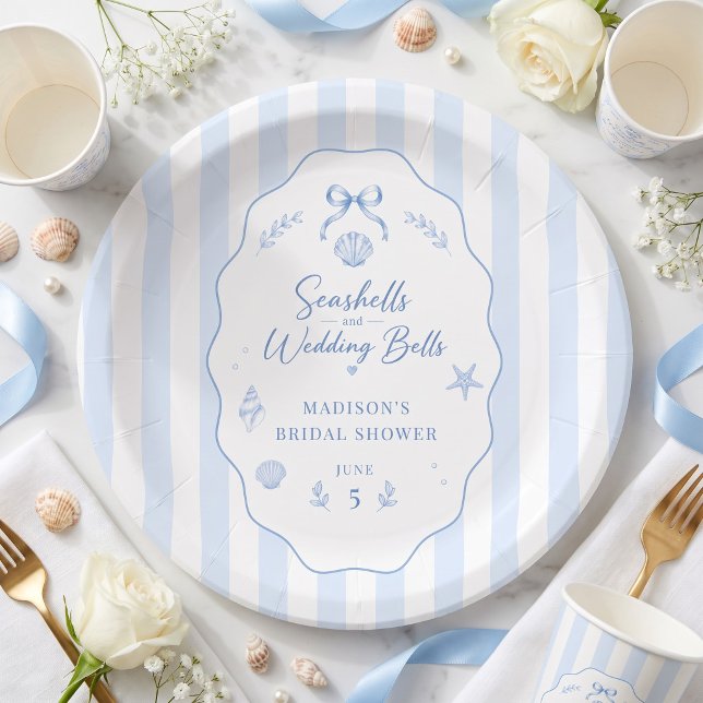 Prato De Papel Noiva Concha Azul Listrada com Laço (Seashell Bridal Shower Blue Striped Bow Paper Plates)