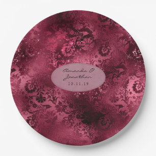 Prato De Papel Noiva Damask Glitter Foil Glamour Borgonha Casamen