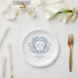 Prato De Papel Noiva de Aço Azul Monograma Crista Casamento