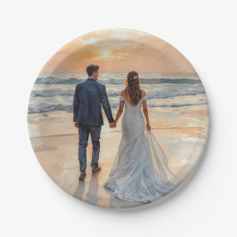 Prato De Papel Noiva e Noivo Aquarela Praia Casamento Pintado