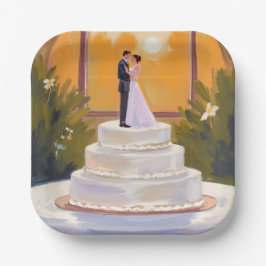 Prato De Papel Noiva e Noivo de Bolo de Casamento Morena Aquarela
