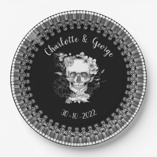 Prato De Papel Noiva Floral de Renda Preta e Branca Halloween Crâ
