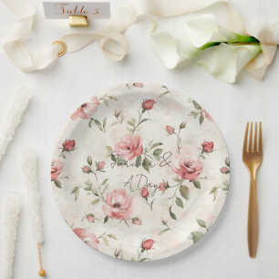 Prato De Papel Noiva Floral de Rosas Rosa Bege Casamento