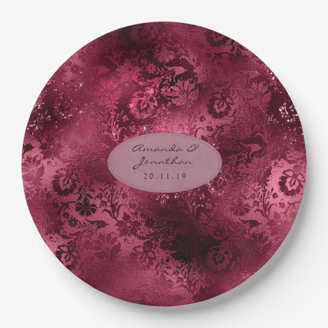Prato De Papel Noiva Glam Folha Dourada Glitter Damask Burgundy (Frente)