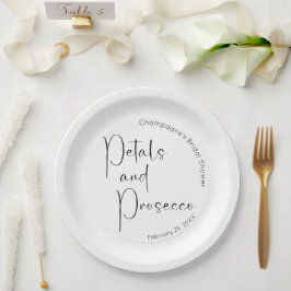 Prato De Papel Noiva Moderna Script Pétalas e Prosecco no Chá de 