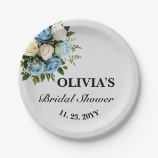 Prato De Papel Noiva Personalizada Chuveiro Elegante Azul e Branc
