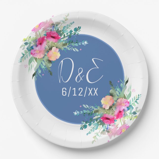 Prato De Papel Noiva Rosa Floral Azul Personalizada Casamento (Frente)